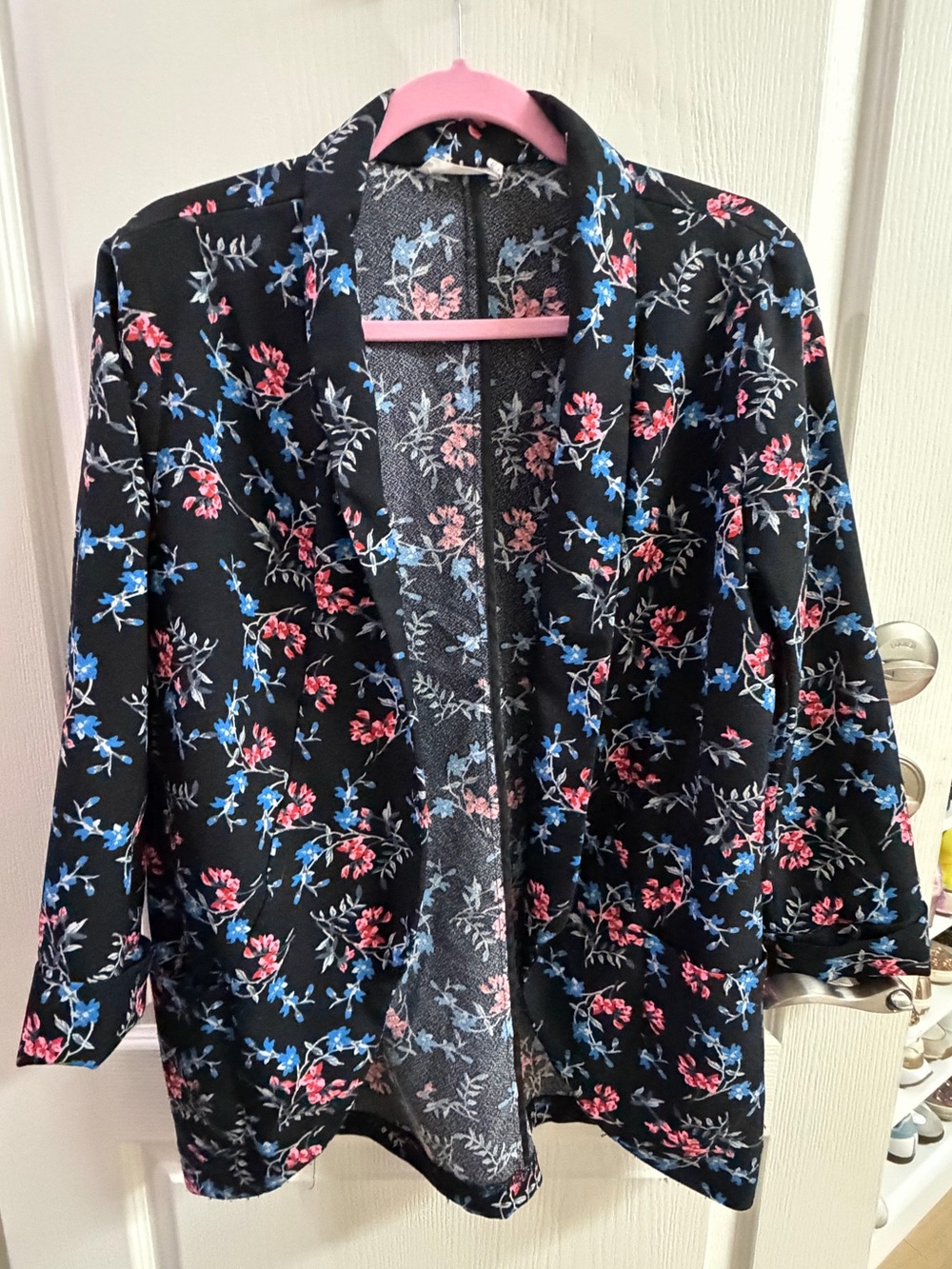 Lush Black Open-Front Blazer with Pink & Blue Floral Print